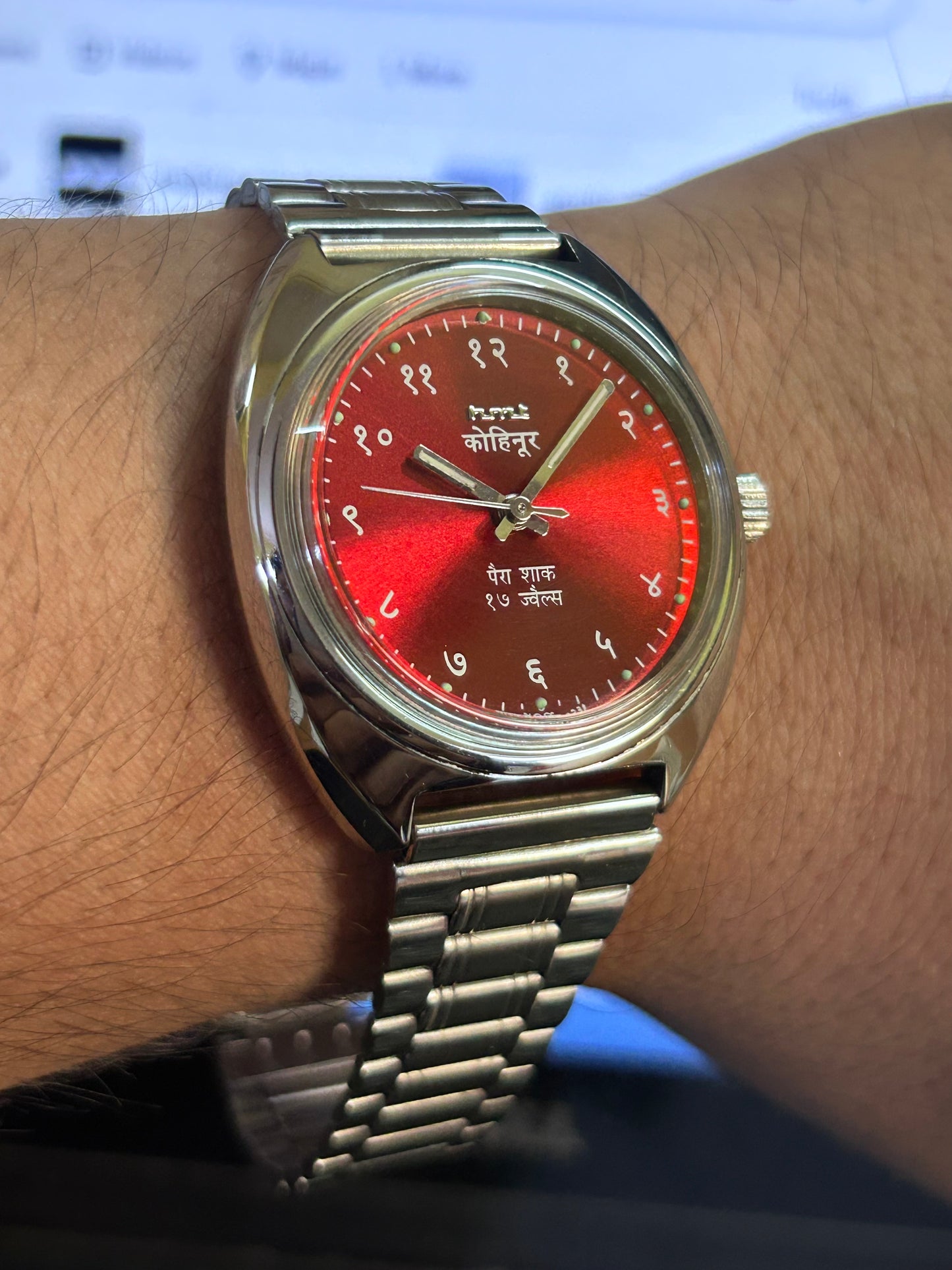 HMT Devanagari Red Sunburst Hand winding Mod Watch