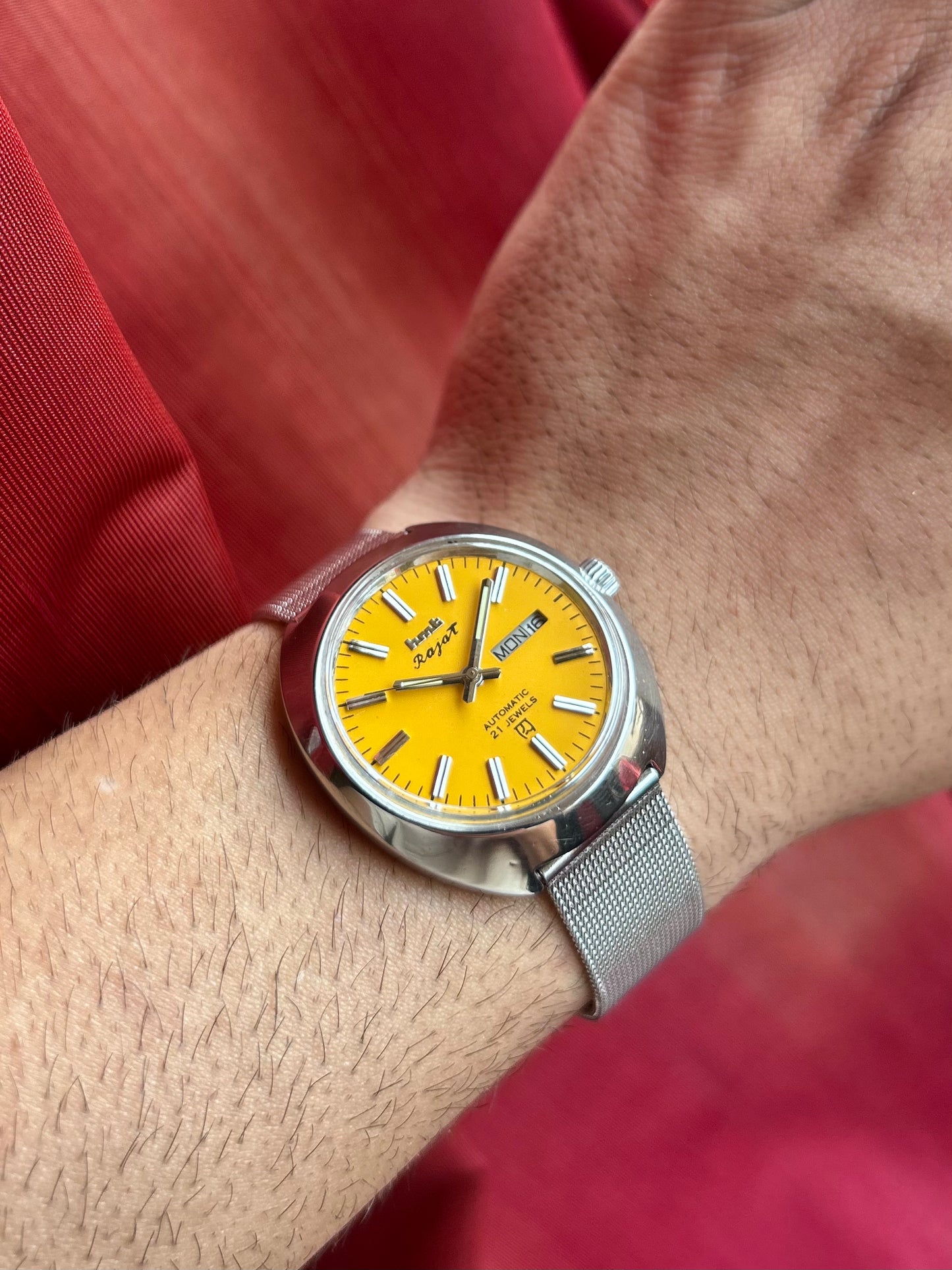 HMT Yellow Rajat Day & Date Automatic Mod Watch