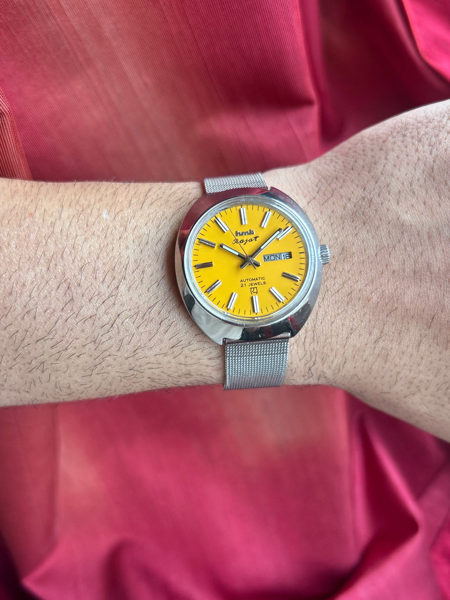 HMT Yellow Rajat Day & Date Automatic Mod Watch