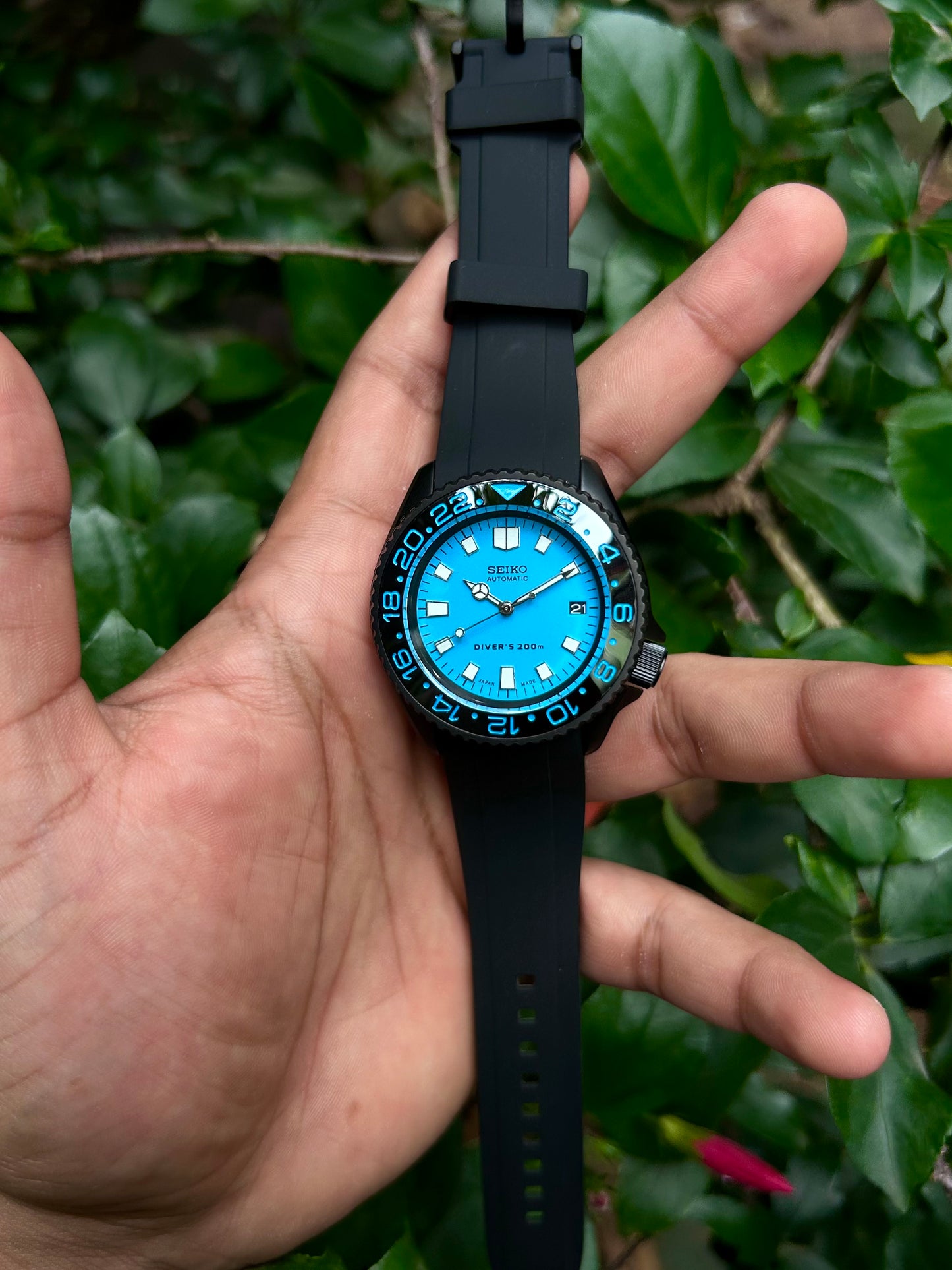 Seiko Dual Time Divers Black & Blue Automatic Homage Mod Watch