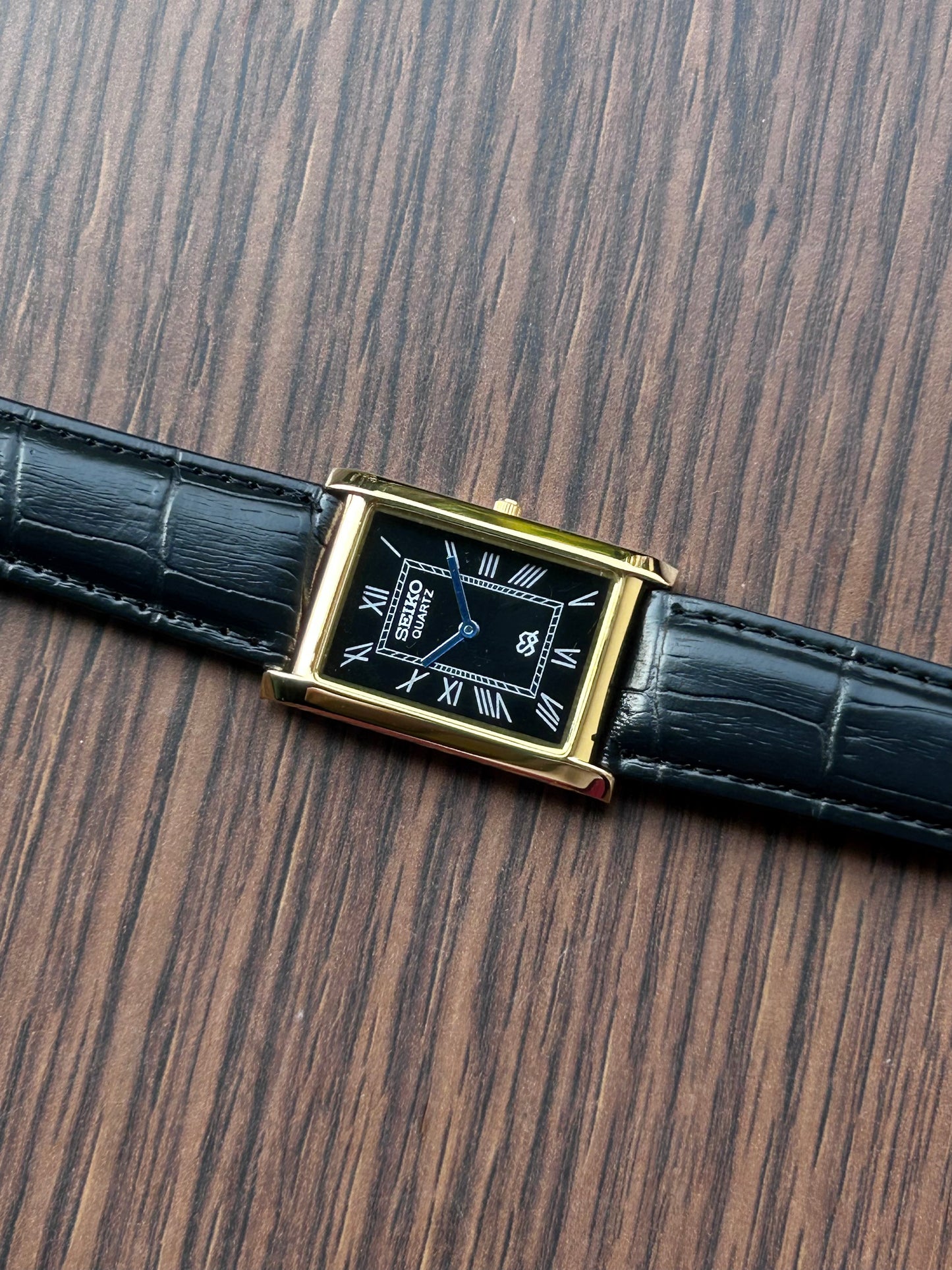 Seiko Tank Gold Black Quartz Unisex Mod Watch