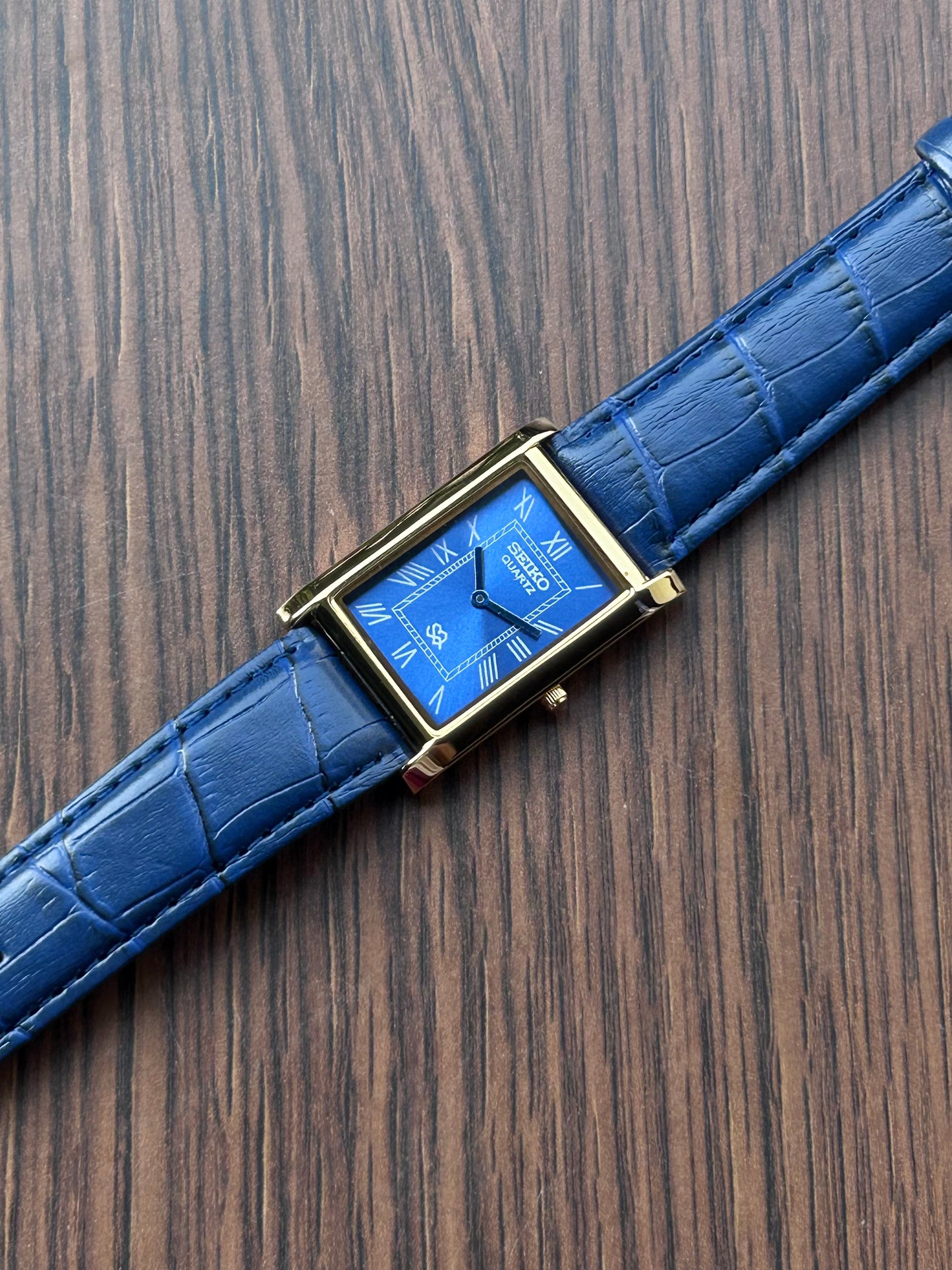 Seiko Tank Gold Blue Sunburst Quartz Unisex Mod